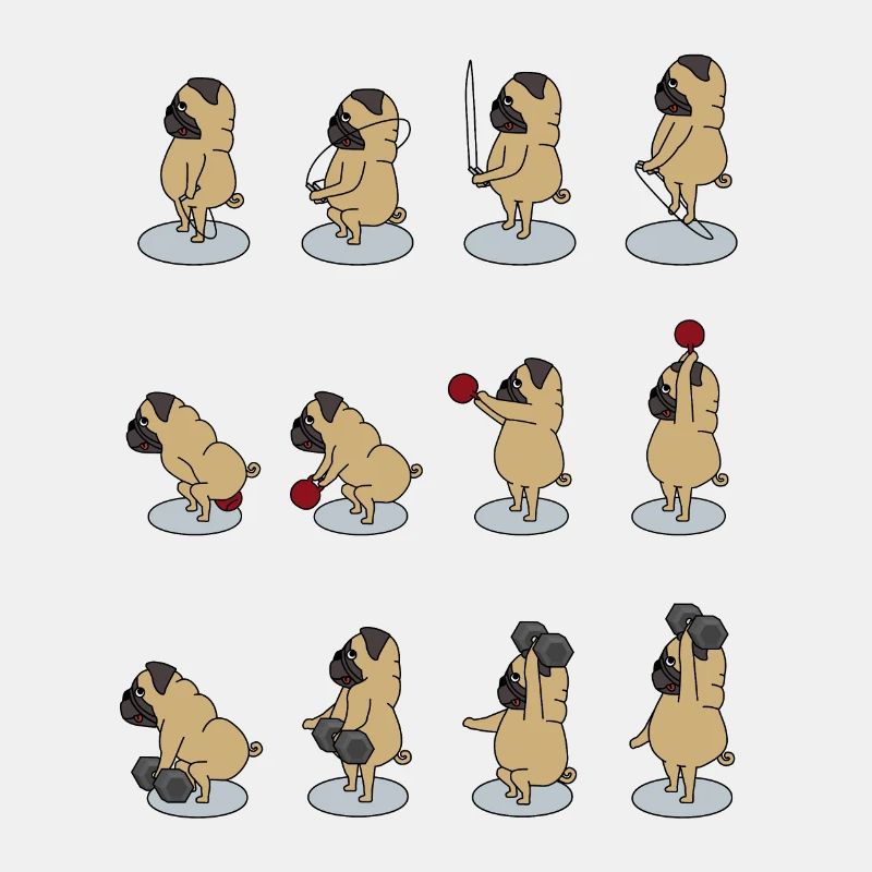 fitter Mops macht Sport mit Dumbbell, Kettlebell