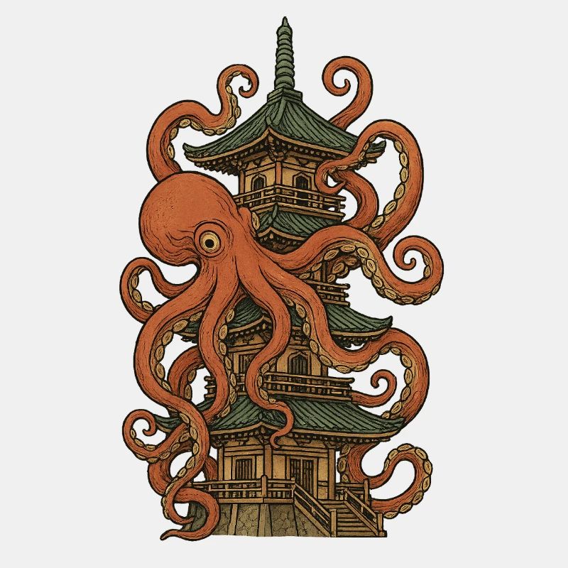Oktopus vs. Pagode – Japanisches Kunstdesign