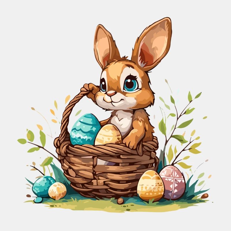 Bunny with an Easter basket filled with eggs