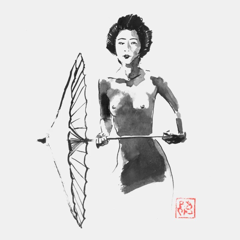 Nackte Geisha und Regenschirm