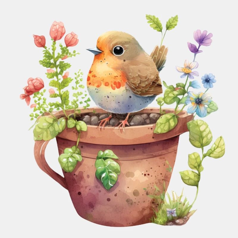 Pot de fleurs et oiseau