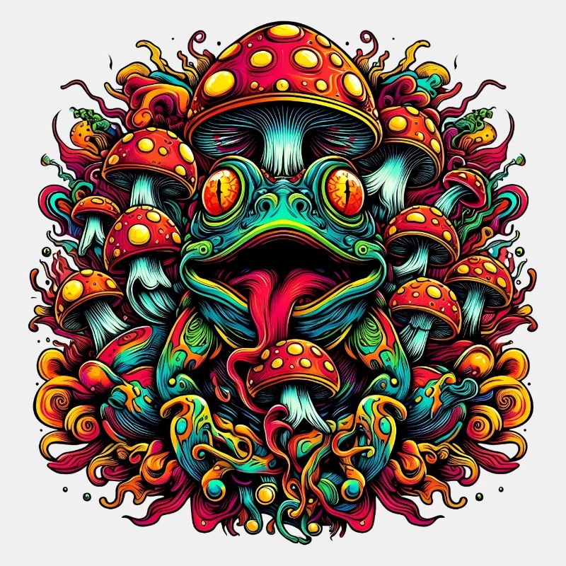 Psychedelic frog with mushrooms