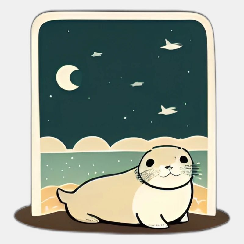 Cute Chubby Seal at Shore with Night Sky