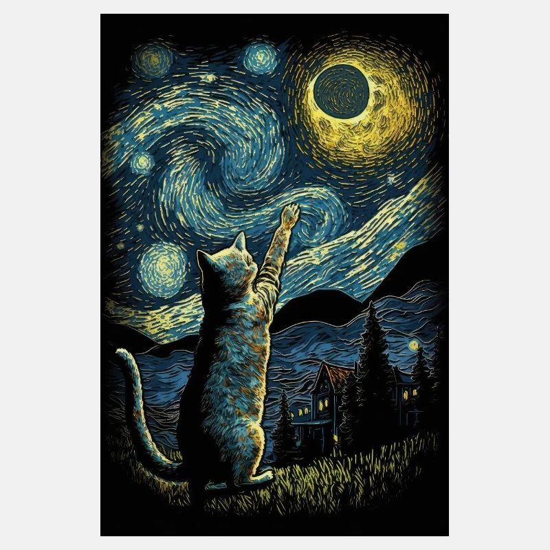 Chat Van Gogh Style Lune Étoiles Nuit Kitty