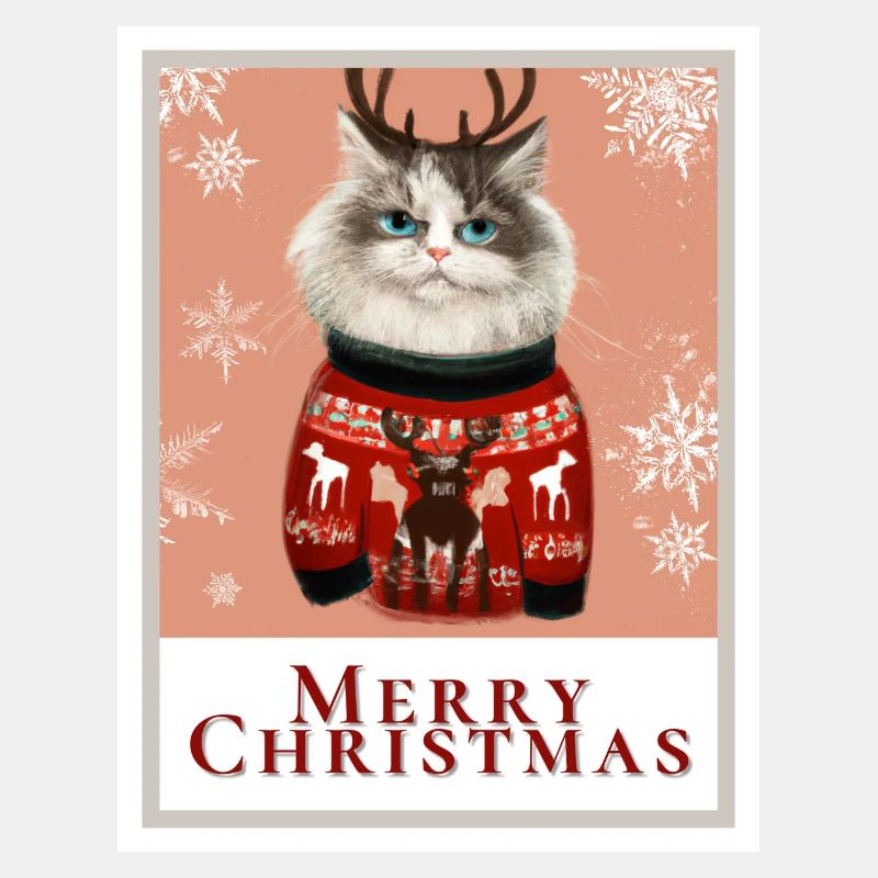 Sibirische Weihnachtskatze mit Rentieren am Pullover.