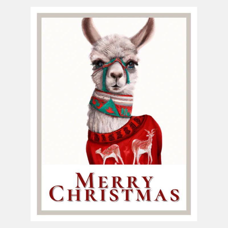 Foto eines süßen Lamas in einem Weihnachtspullover.