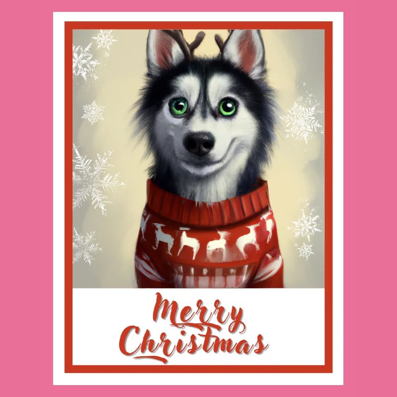 Jeune husky dans un pull de Noël avec des rennes.