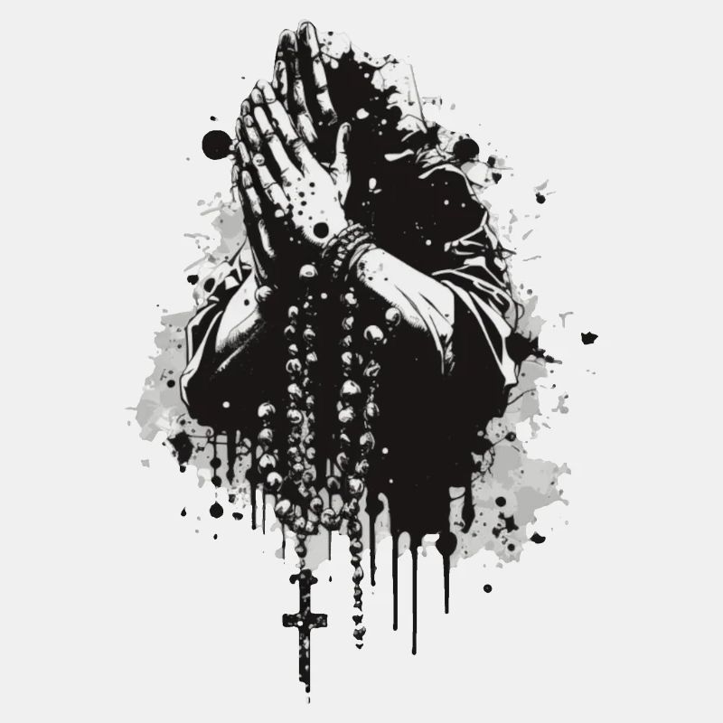 Mains de prière Rosaire noir et blanc