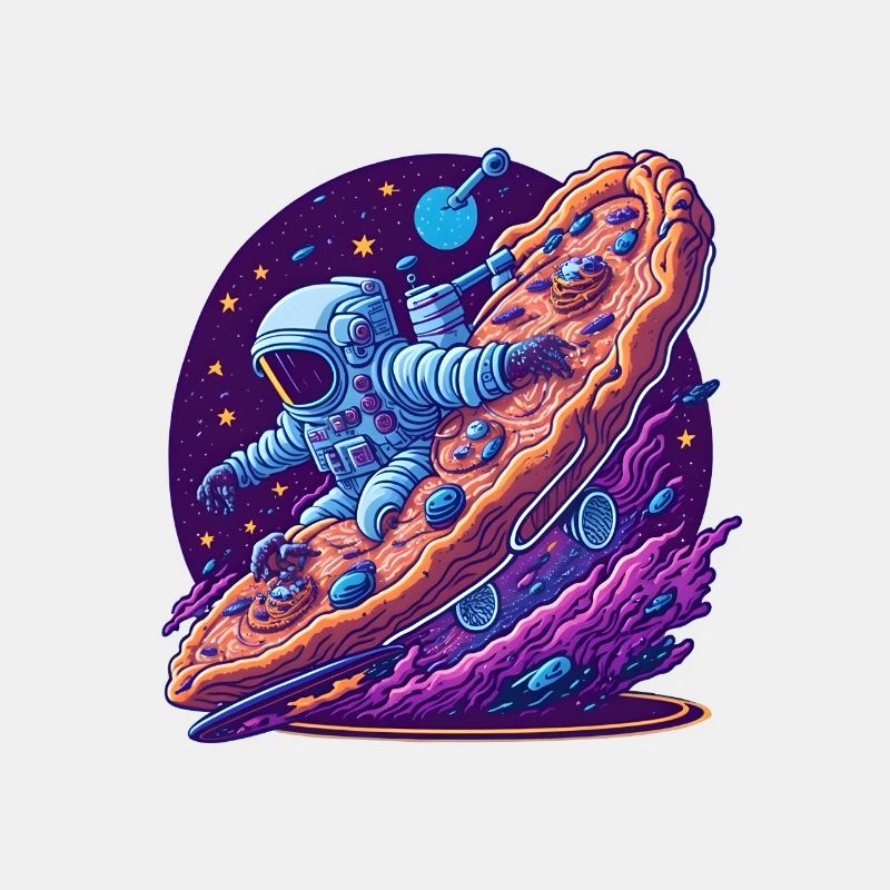 Un astronaute chevauchant une pizza dans l’espace