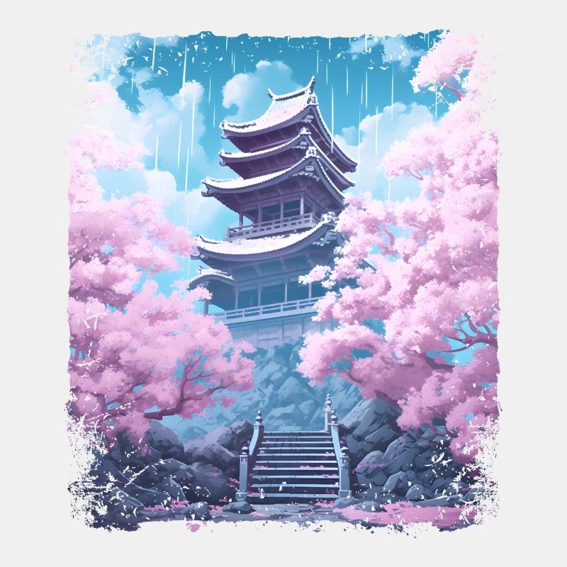 Sakura Tree in a Temple Cherry Blossom Vaporwave