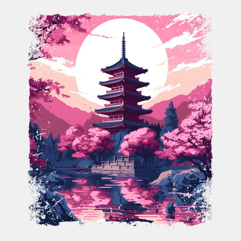 Cherry Blossom Sakura Tree in a Vaporwave Temple