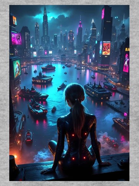Cyberpunk-Frau, Stadtbild.