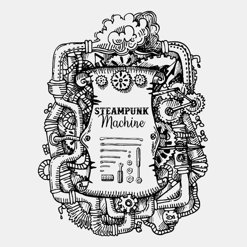 Hand Drawn Steampunk Machine w/ Tools and Gears