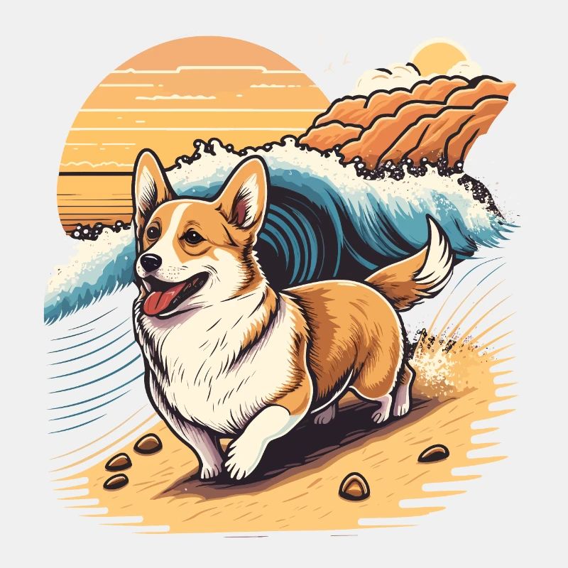 Corgi avec les vagues