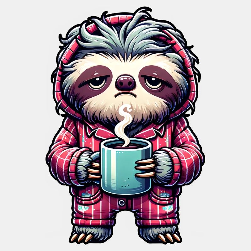 Faultier im Pyjama mit einer Tasse Kaffee