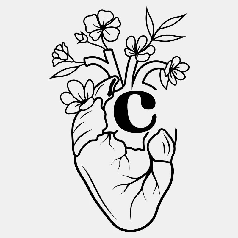 Buchstabe c Herz schwarze florale Anatomie