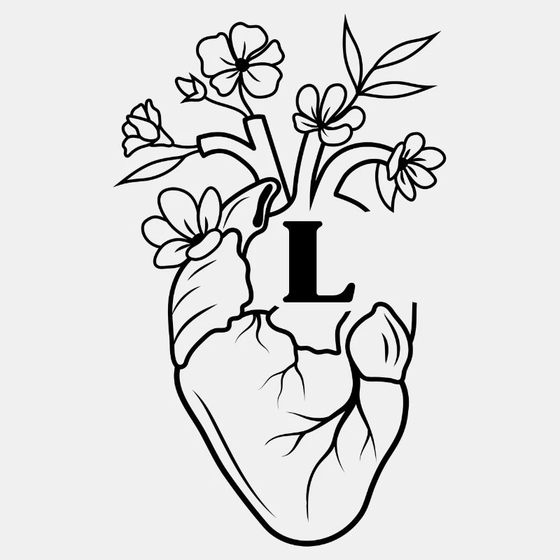 Buchstabe l Herz schwarze florale Anatomie