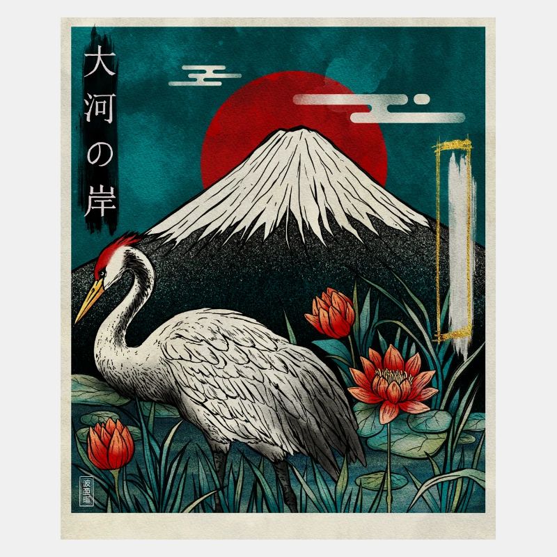 Red Crowned Crane and Mount Fuji