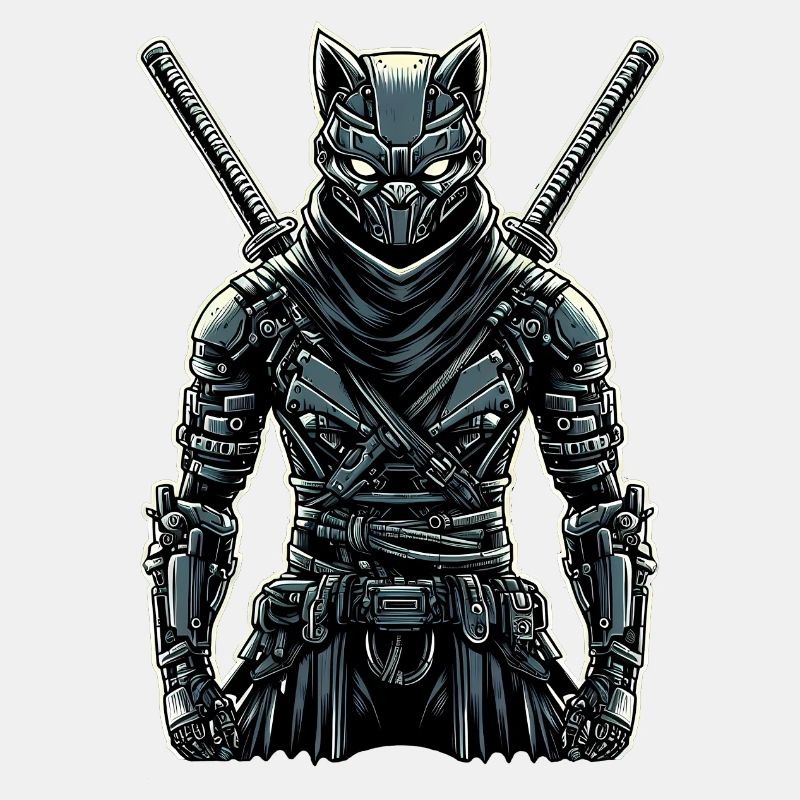 Ninja Cyborg Katze mit Schwertern