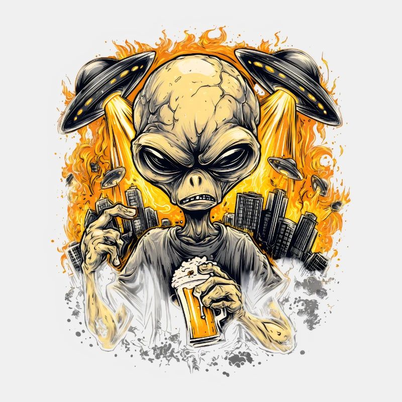 Alien with Beer and UFOs – Funny Sci-Fi Design