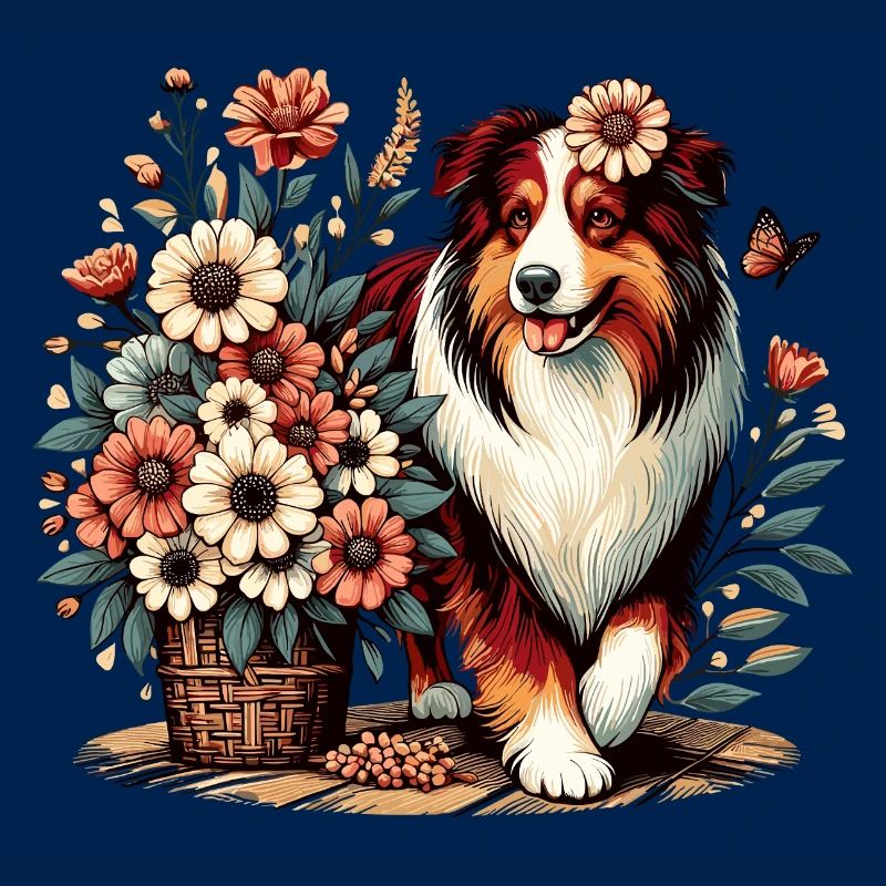 Australian Shepherd Cottage Core Blumen red tri