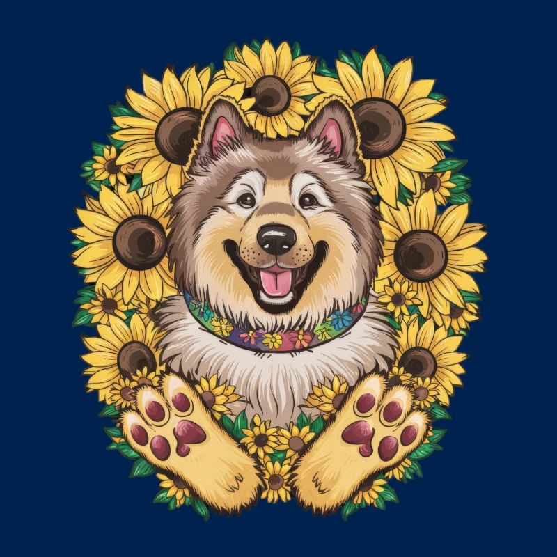 Cute Wolfspitz with sunflowers.