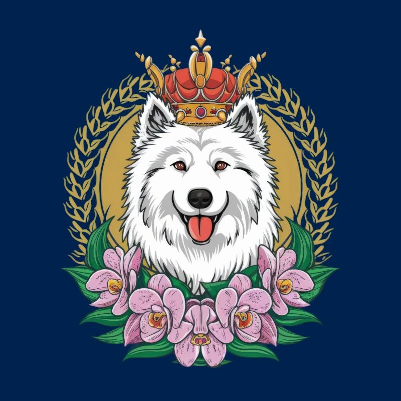Dessin animé Spitz Samoyède avec orchidées et couronne