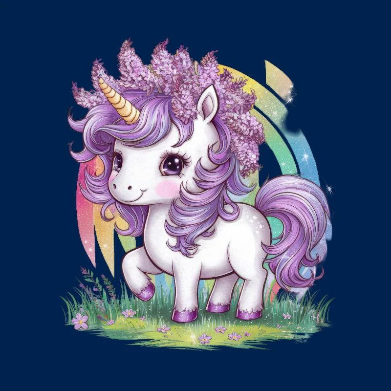 La licorne avec du lilas dans les cheveux aime les fleurs