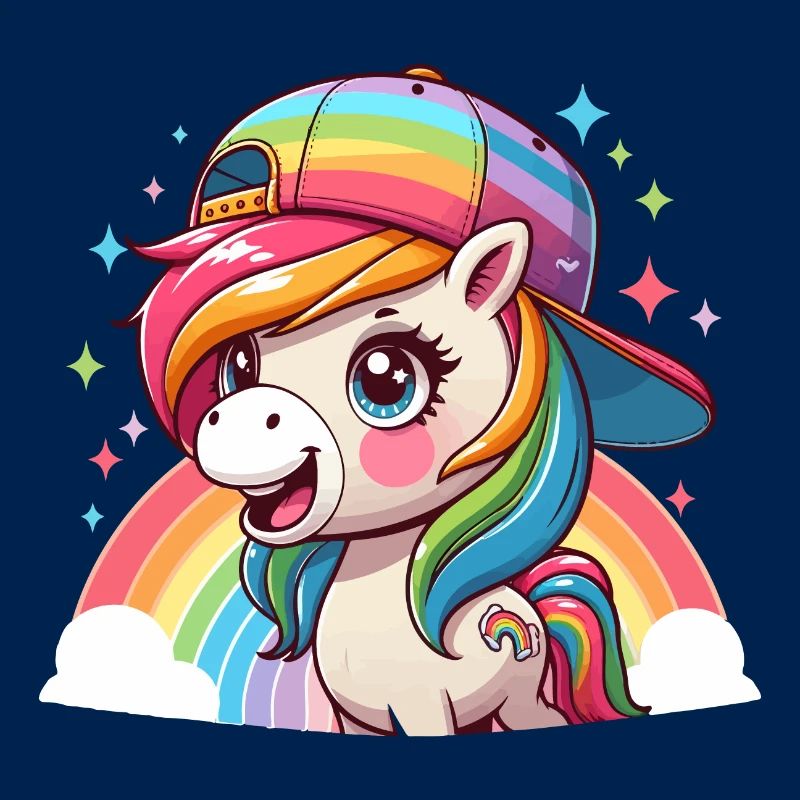 Niedliches Regenbogenpony mit Mütze