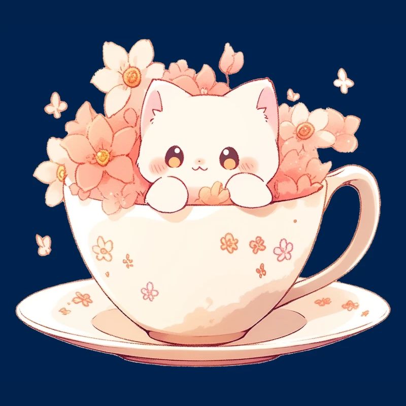 Chat blanc mignon dans une tasse de thé avec des fleurs