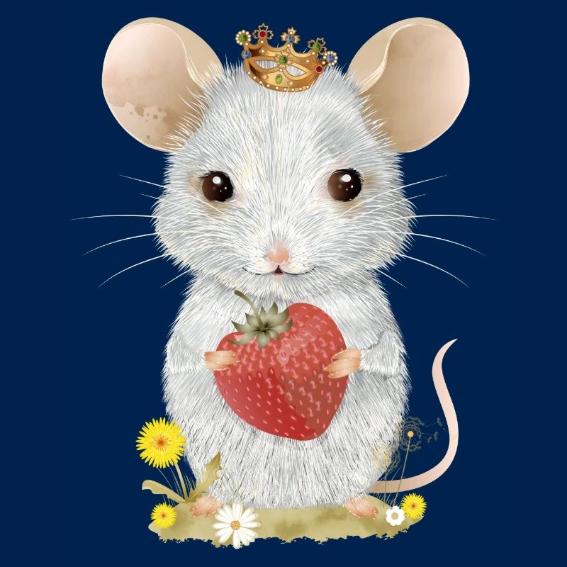 weiße Maus mit Krone,Erdbeere und Löwenzahn Blüten