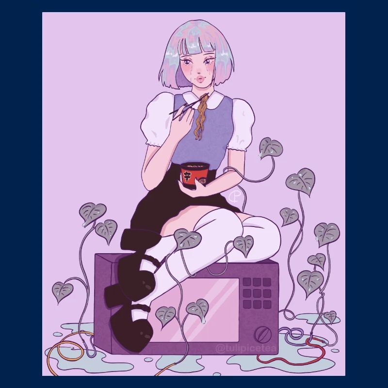 Anime Schulmädchen mit Ramen Mikrowelle Efeu