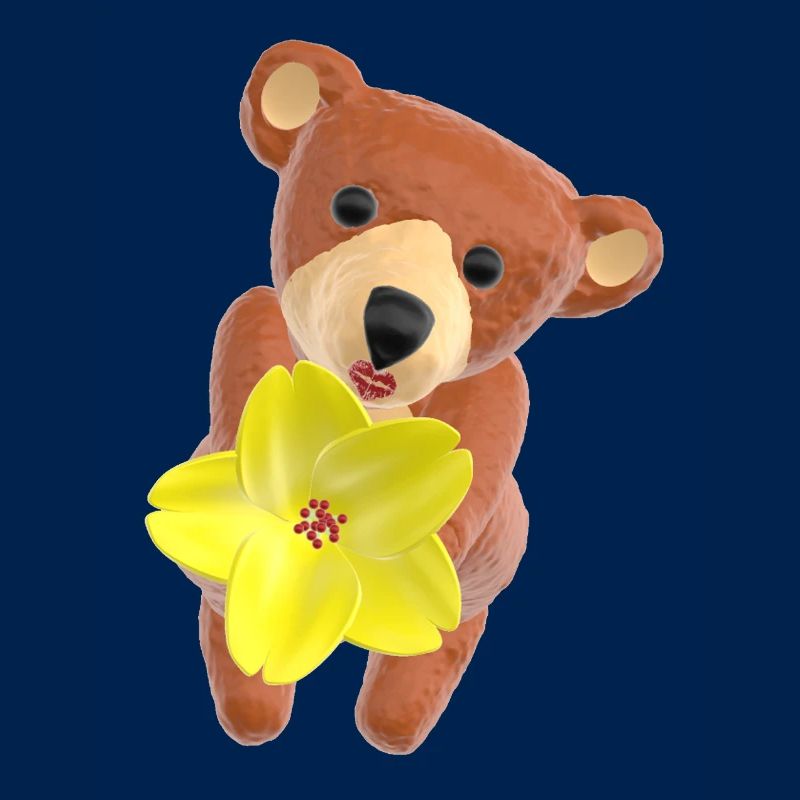 Ours en peluche avec fleur et bouche baiser 3D