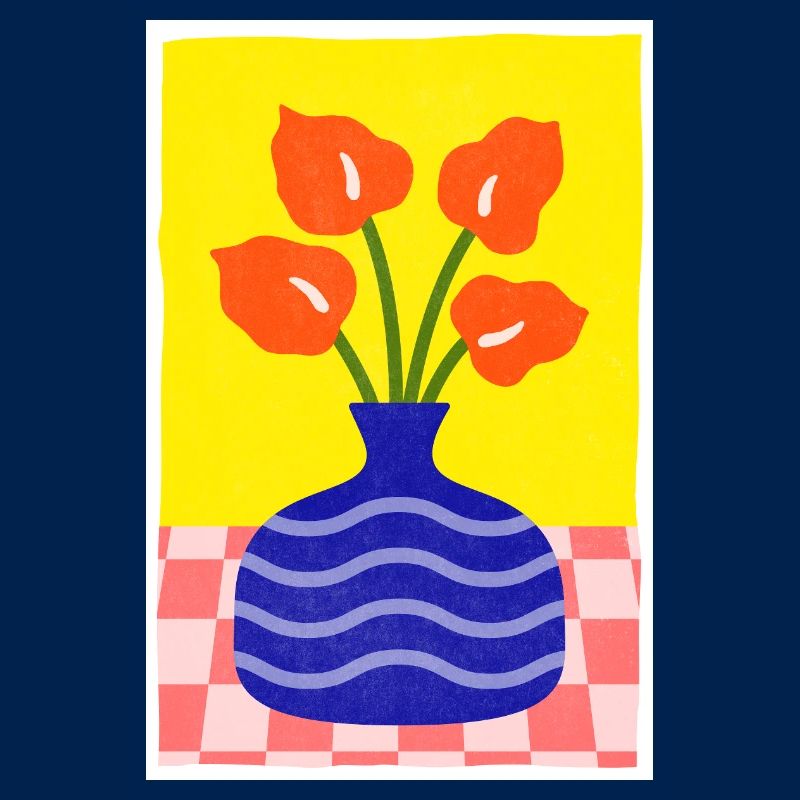 Abstrakte Kunst Blauer Topf und Blume Retro-Stil