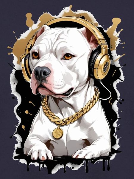 Hund Bulldogge mit Kopfhörer