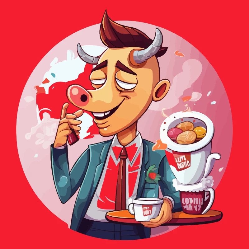 Büro-Bulle mit Kaffee und Kuchen