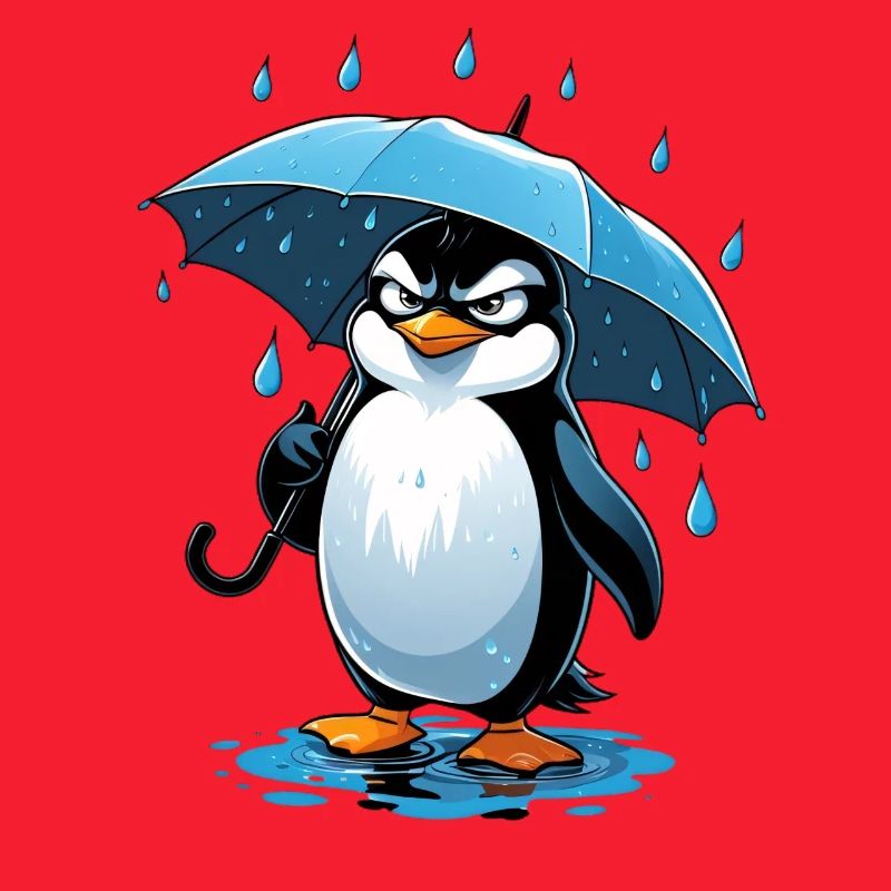 Streuernder Pinguin mit Regenschirm
