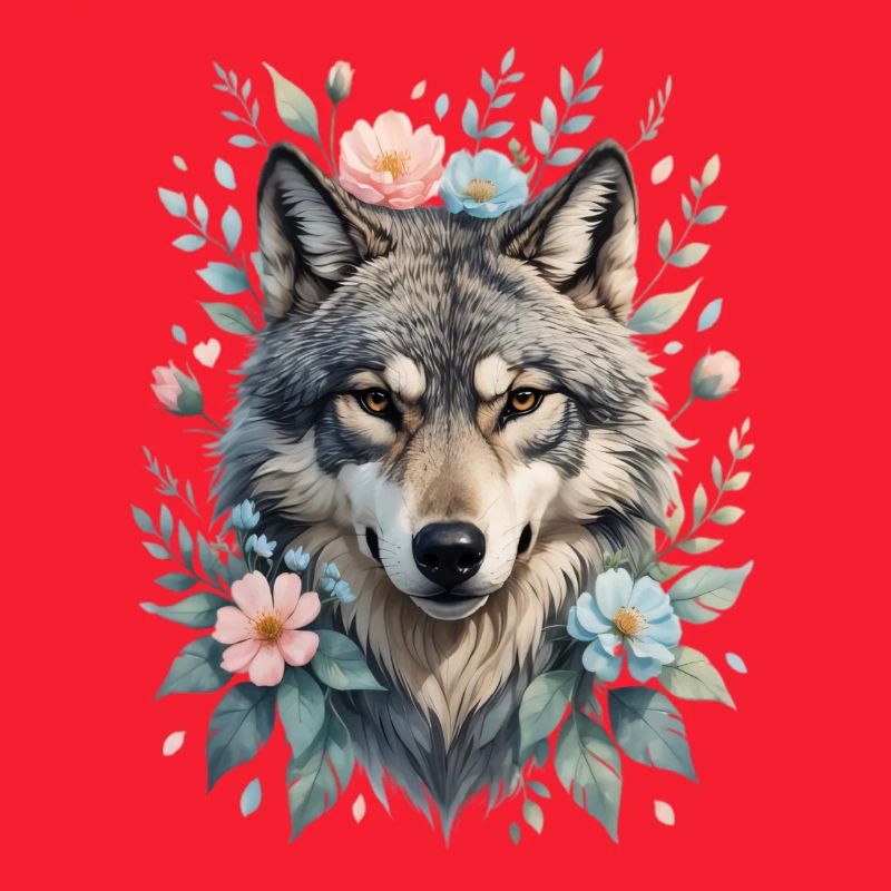 Wolfskopf mit Blumenkranz