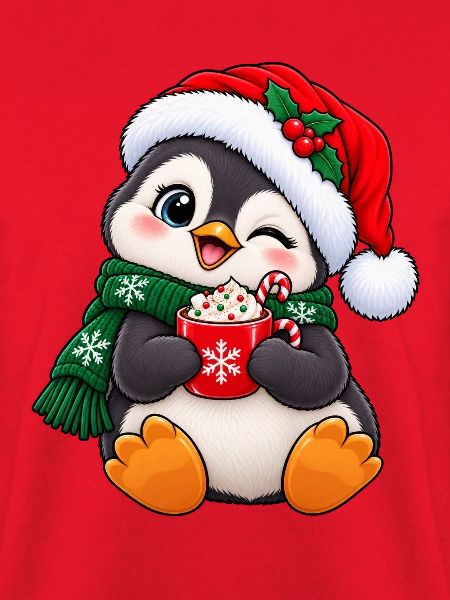 Süßer Pinguin mit Weihnachtsmütze & Kakao