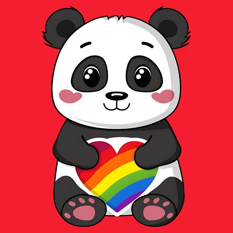 Panda-Karikatur mit einem Pride-Regenbogenherz