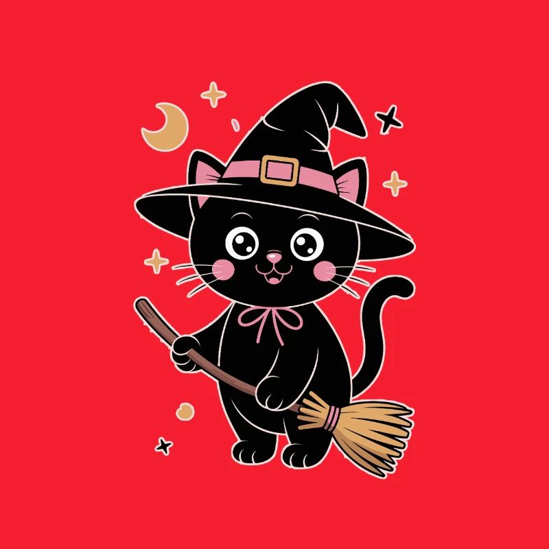 Imprimé chat sorcière mignon avec baguette magique