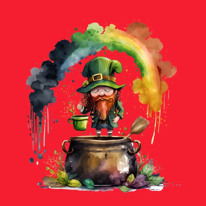 Leprechaun Kobold unter einem Regenbogen