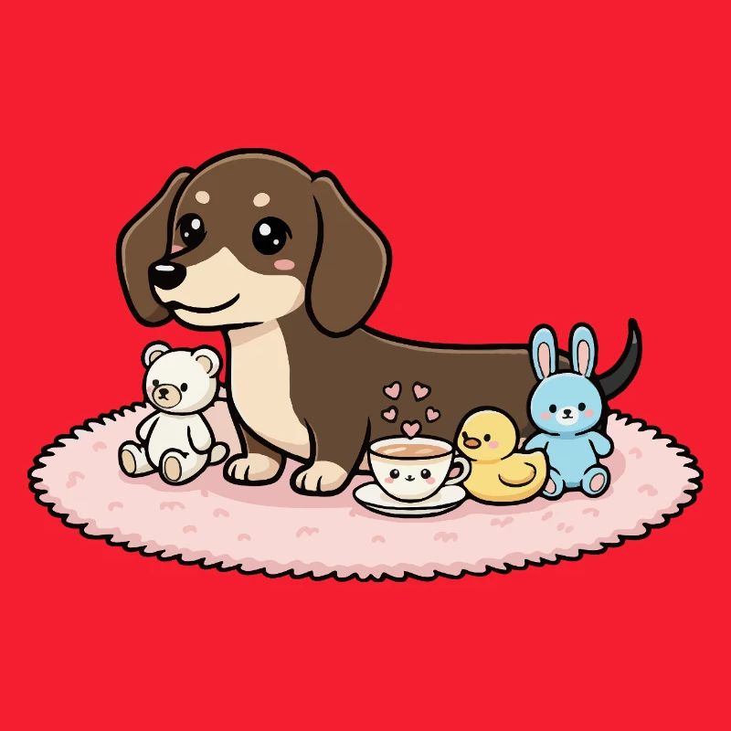 Dackel mit Kuscheltieren