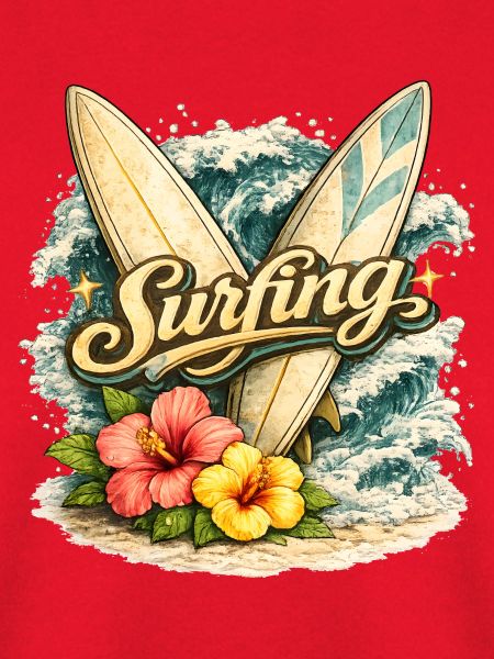 Surfing mit Welle und Hibiskusblüten