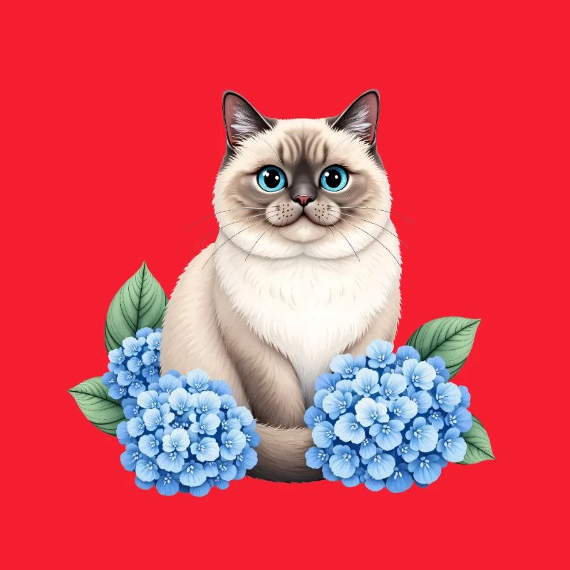 Cute Ragdoll Cat with Blue Hydrangeas