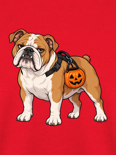 Bulldogge trägt einen Kürbis-Bonbon-Eimer