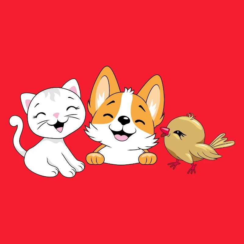 Smiling_white_kitten-_Corgi_puppy_and_birdie