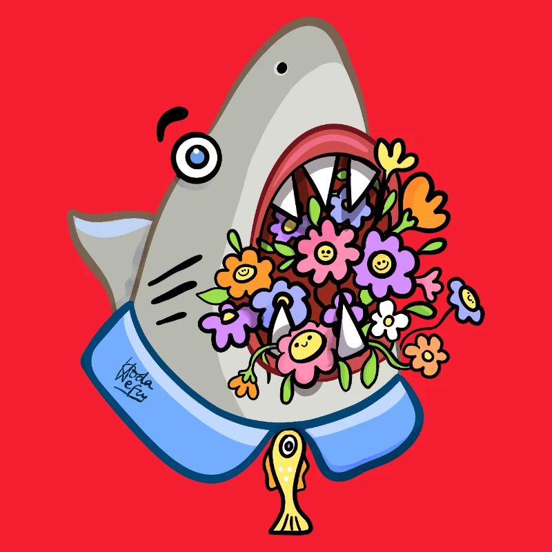 requin avec bouquet floral dans ses mâchoires