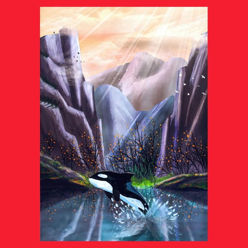 Orcas springen im Bergtal