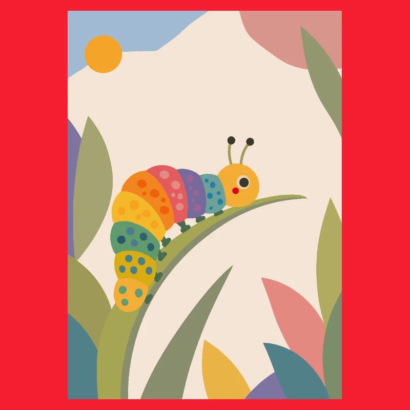 Chenille colorée sur feuille – Motif d’animal mignon